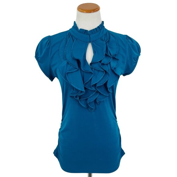 Urban Hearts Tops - Urban Hearts Unique Teal Ruffled & Keyhole Mock Neck Short Sleeve Blouse